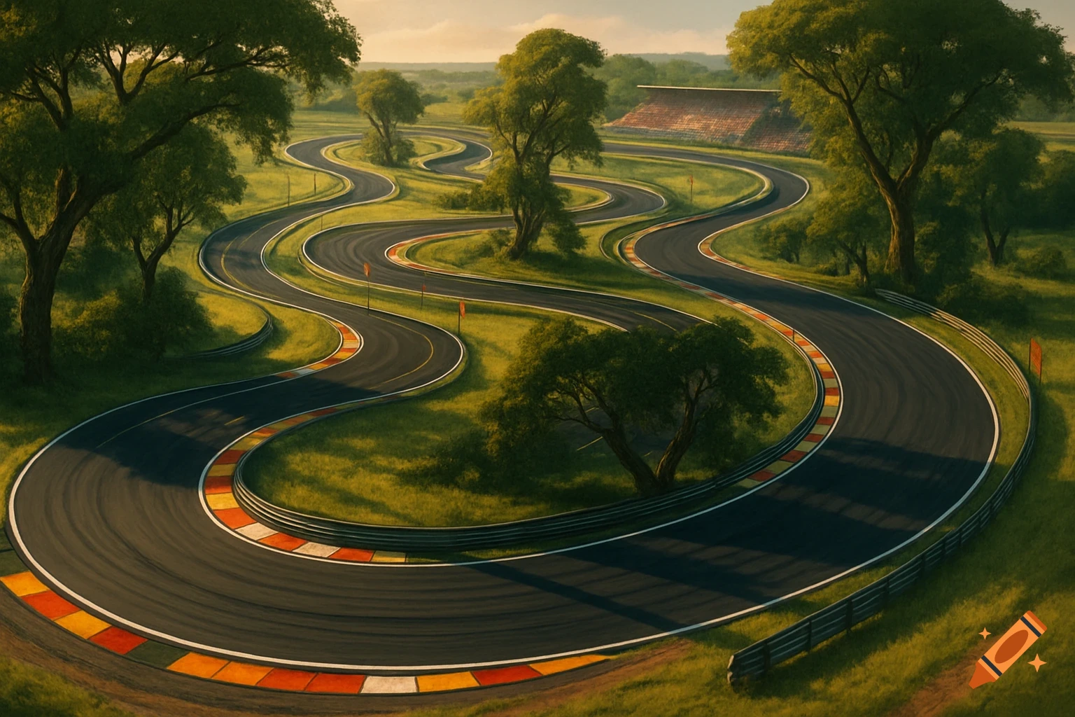 An aerial view of a winding race track, bordered by green grass and trees, under a bright sky.