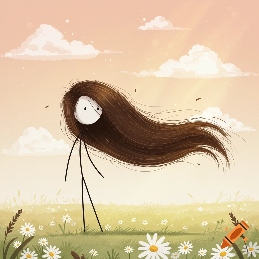 Illustration of a stick figure with long brown hair blowing in the wind, standing in a daisy field under a soft sky.