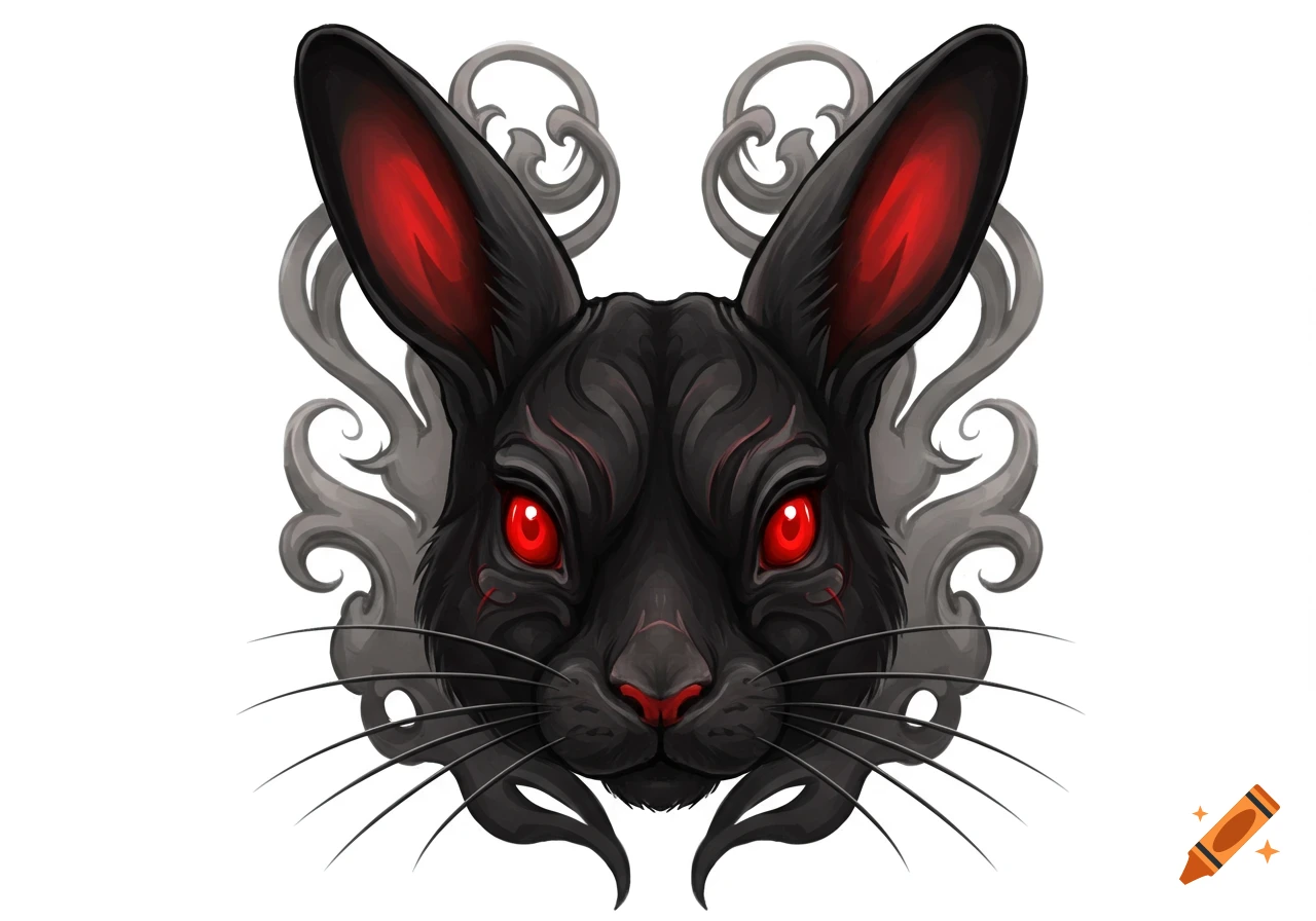 A stylized black rabbit head with bright red eyes, designed in a tattoo art style with swirling gray elements in the background.