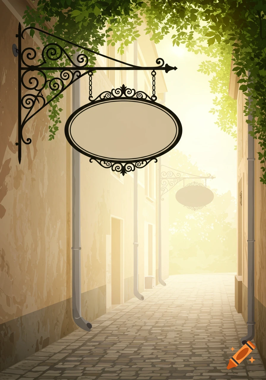 Vector art illustration of a blank, ornate hanging sign in a narrow, sunlit cobblestone alley between old buildings with green foliage.