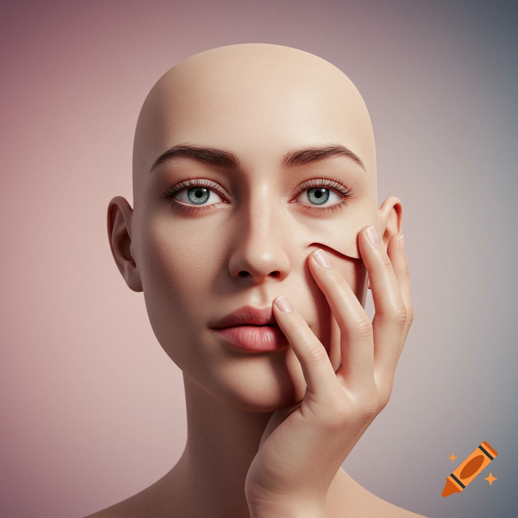 Photorealistic portrait of a bald woman with light blue eyes, her hand distorting the skin on her cheek into a wavy pattern.