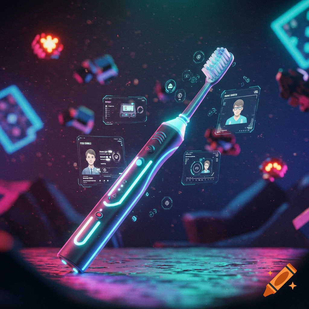 A sleek, neon-lit futuristic electric toothbrush floats in a dark, tech-cyberpunk environment with glowing holographic interfaces.