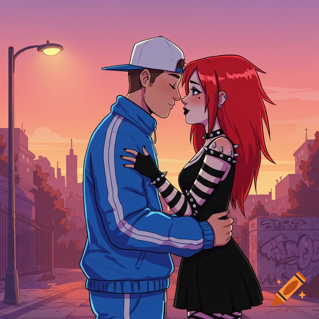 Cartoon couple, a man in a blue tracksuit and a red-haired woman in emo clothing, embracing on a city street at sunset.