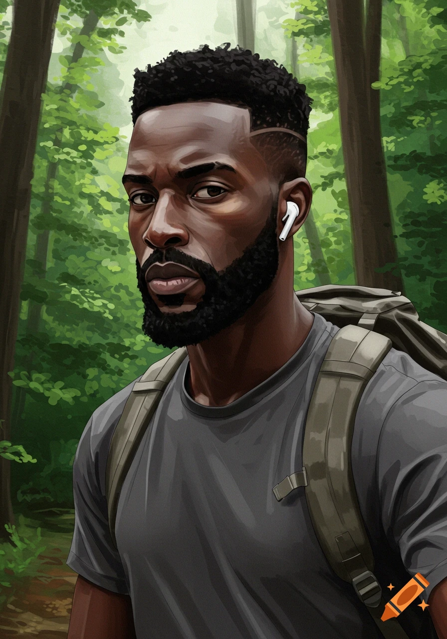 A close-up illustration of a Black man with a beard, drop fade, and white AirPods, wearing a gray t-shirt and backpack, in a lush green forest.
