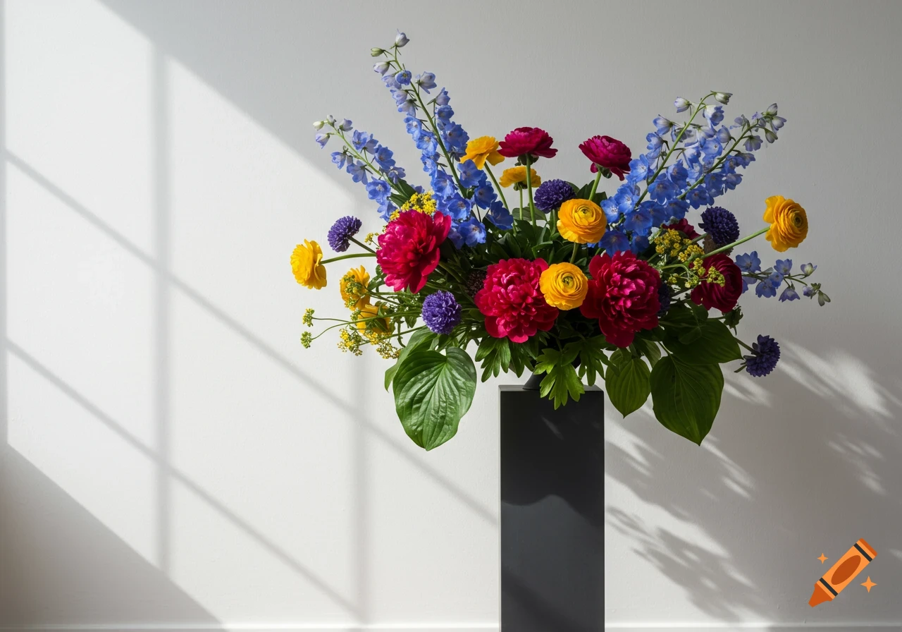 A vibrant flower arrangement with red, yellow, blue, and purple flowers in a black vase on a modern pedestal against a white wall with shadows.