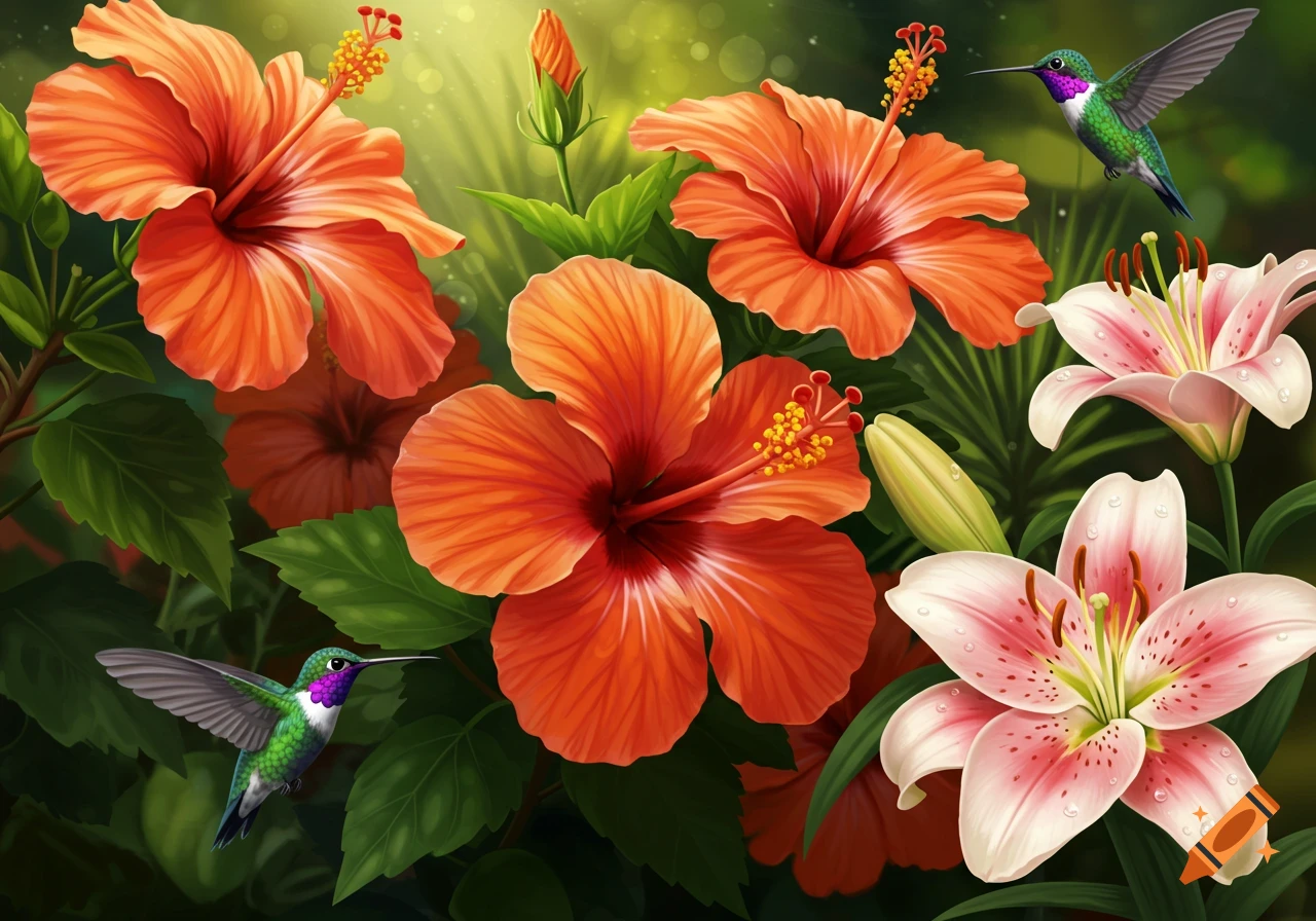 Vibrant orange hibiscus and pink lilies bloom in a lush garden, with two hummingbirds flying nearby.