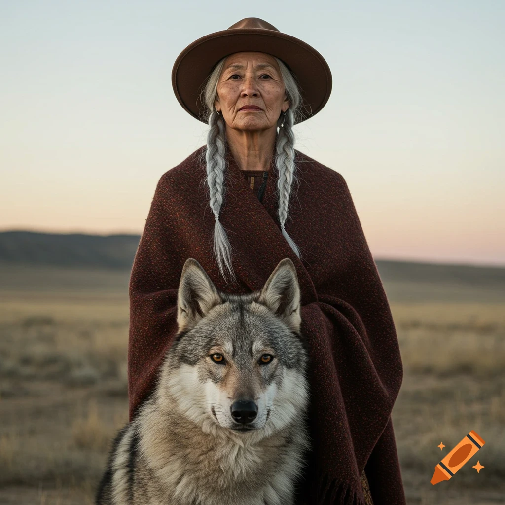 Photorealistic portrait of an elderly woman in a hat and shawl standing outdoors with a wolf in front of her.