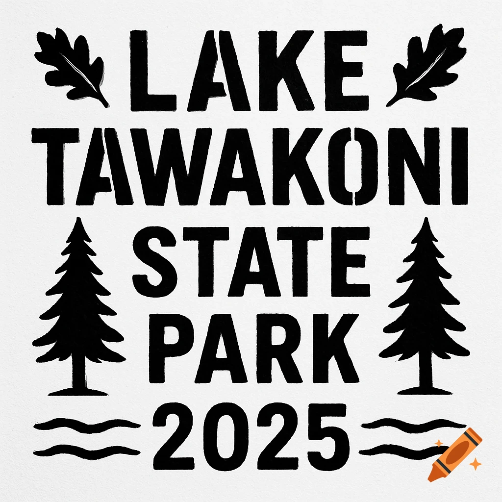 Black and white stencil text 'LAKE TAWAKONI STATE PARK 2025' with oak leaves, pine trees, and waves.