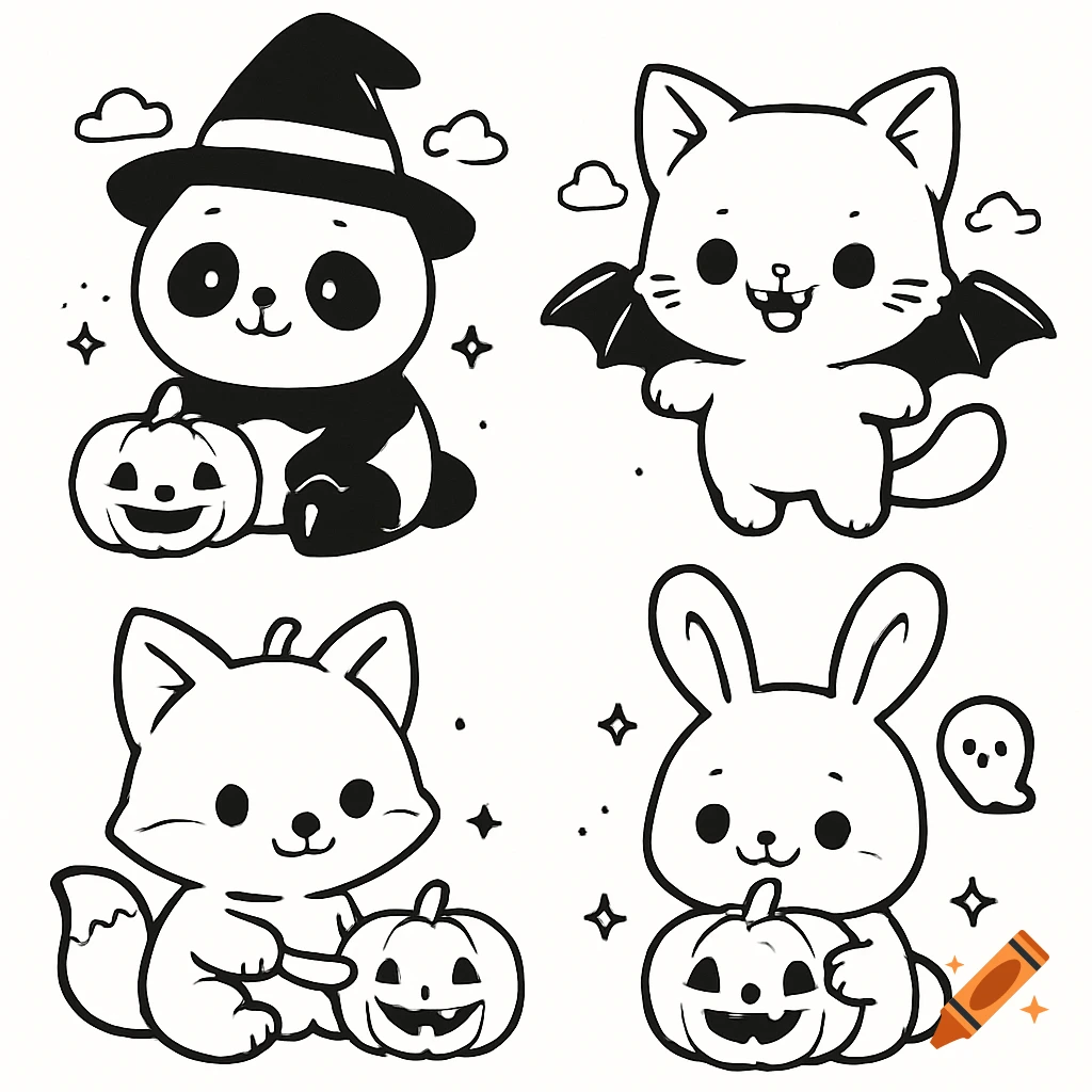 Four black-and-white kawaii Halloween animal illustrations: a panda witch, a bat-cat, a fox with a pumpkin, and a bunny with a pumpkin and a ghost.