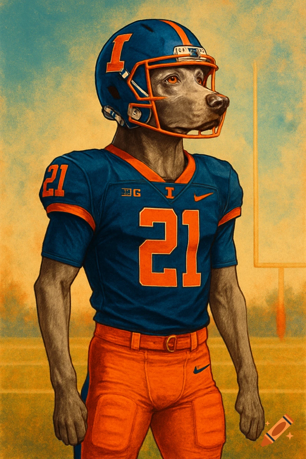 An illustrated Weimaraner in an orange and blue Illinois football uniform with number 21, on a football field.
