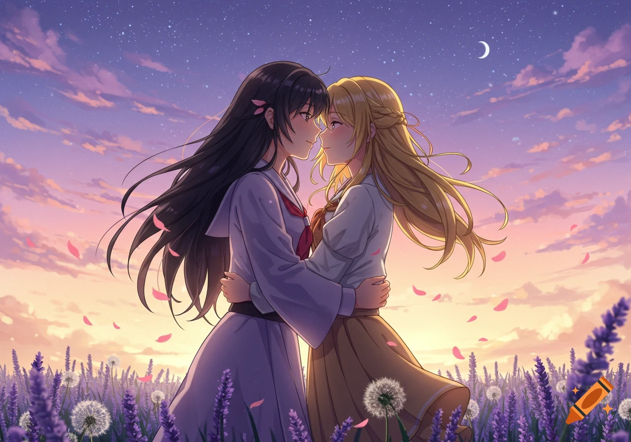 Two anime girls with dark and blonde hair embrace in a lavender field at sunset under a starry purple and orange sky with a crescent moon.