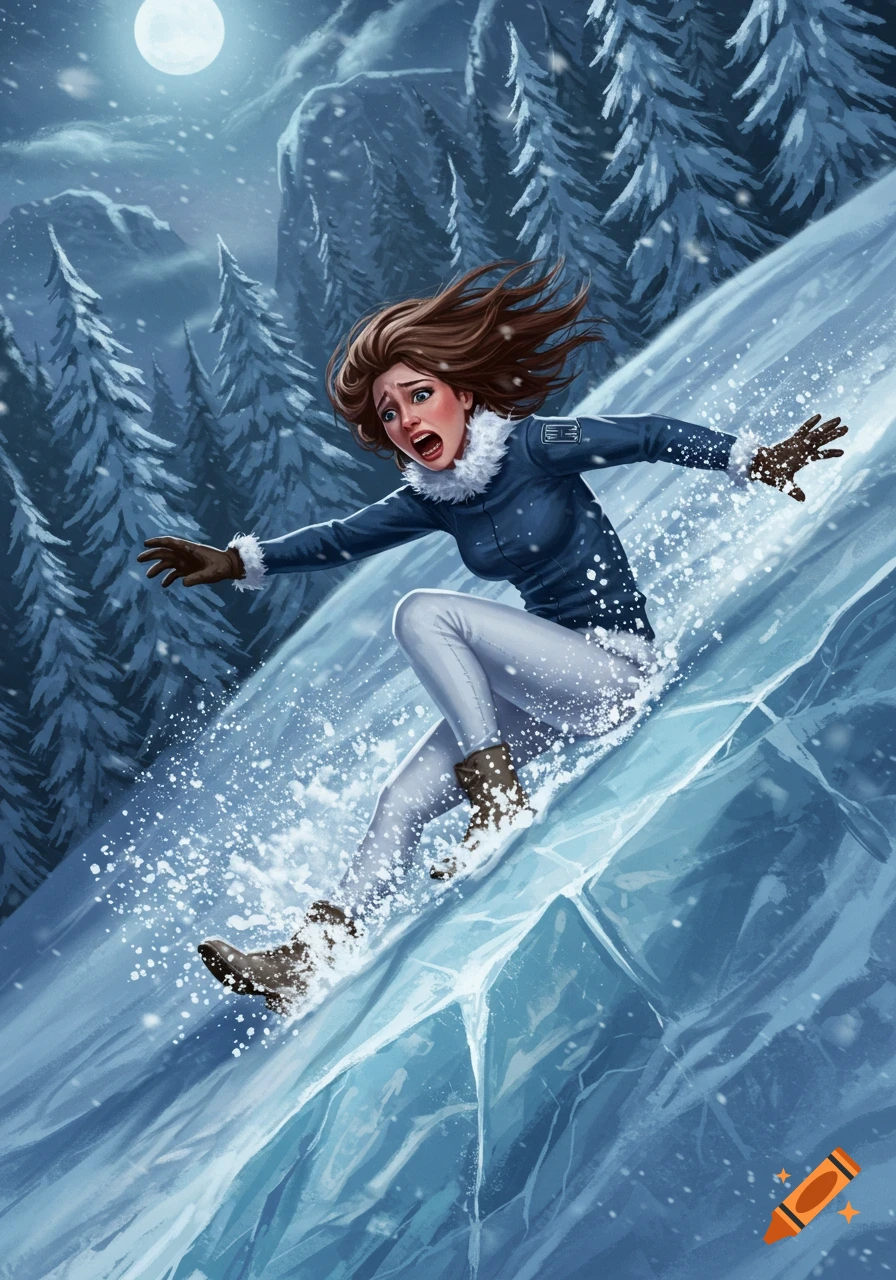 An illustrated woman with brown hair slides down a steep, icy hill, screaming in terror. Snow falls around her.