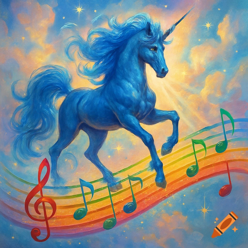 A majestic blue unicorn prancing on a colorful rainbow grand staff with musical notes and a red treble clef, under a dreamy, starlit sky.
