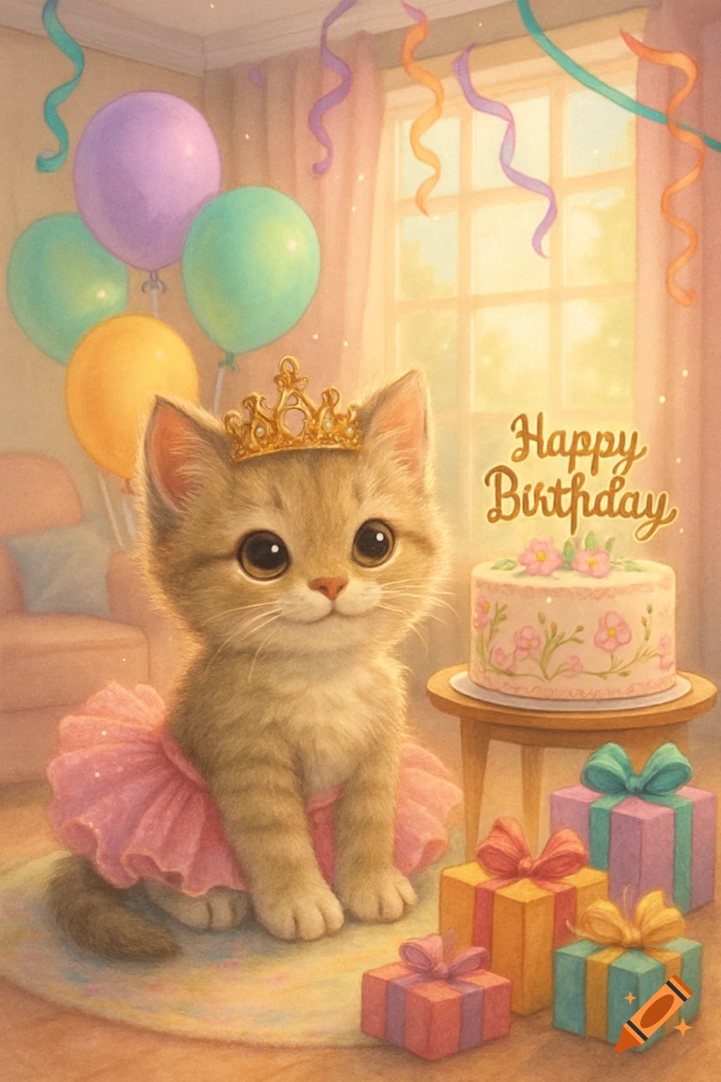 A cute tabby kitten in a pink tutu and gold crown sits in a pastel birthday party room with balloons, a cake, and presents, in an illustrative style.