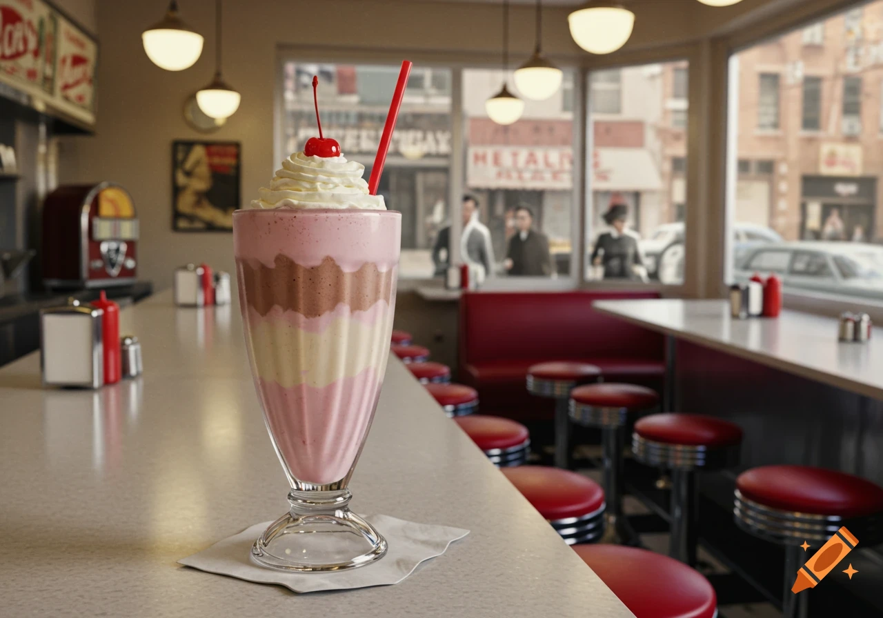 A large, layered Neapolitan milkshake with whipped cream and a cherry, served on a counter in a vintage 1950s diner with red stools.