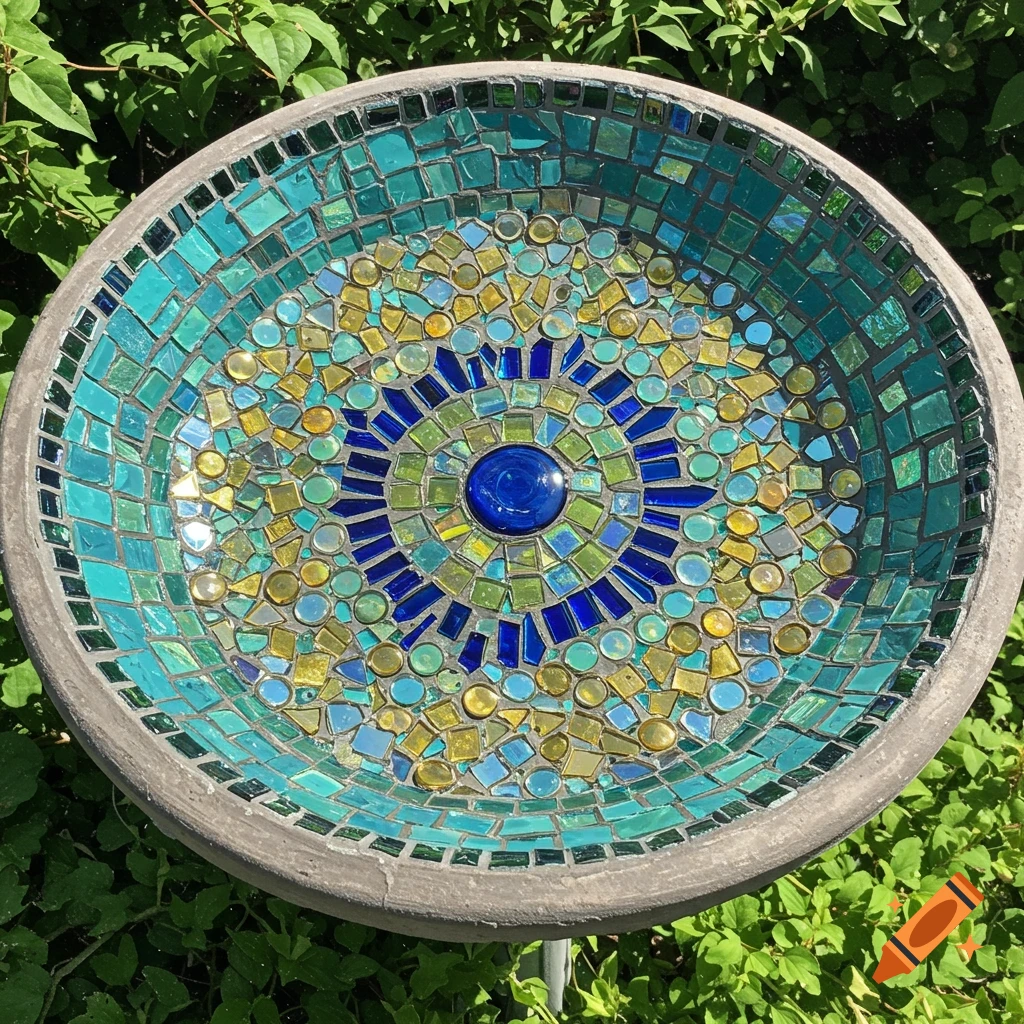 Vibrant mosaic bird bath with a radiating pattern of blue, green, and yellow glass and ceramic tiles, set amidst green foliage.