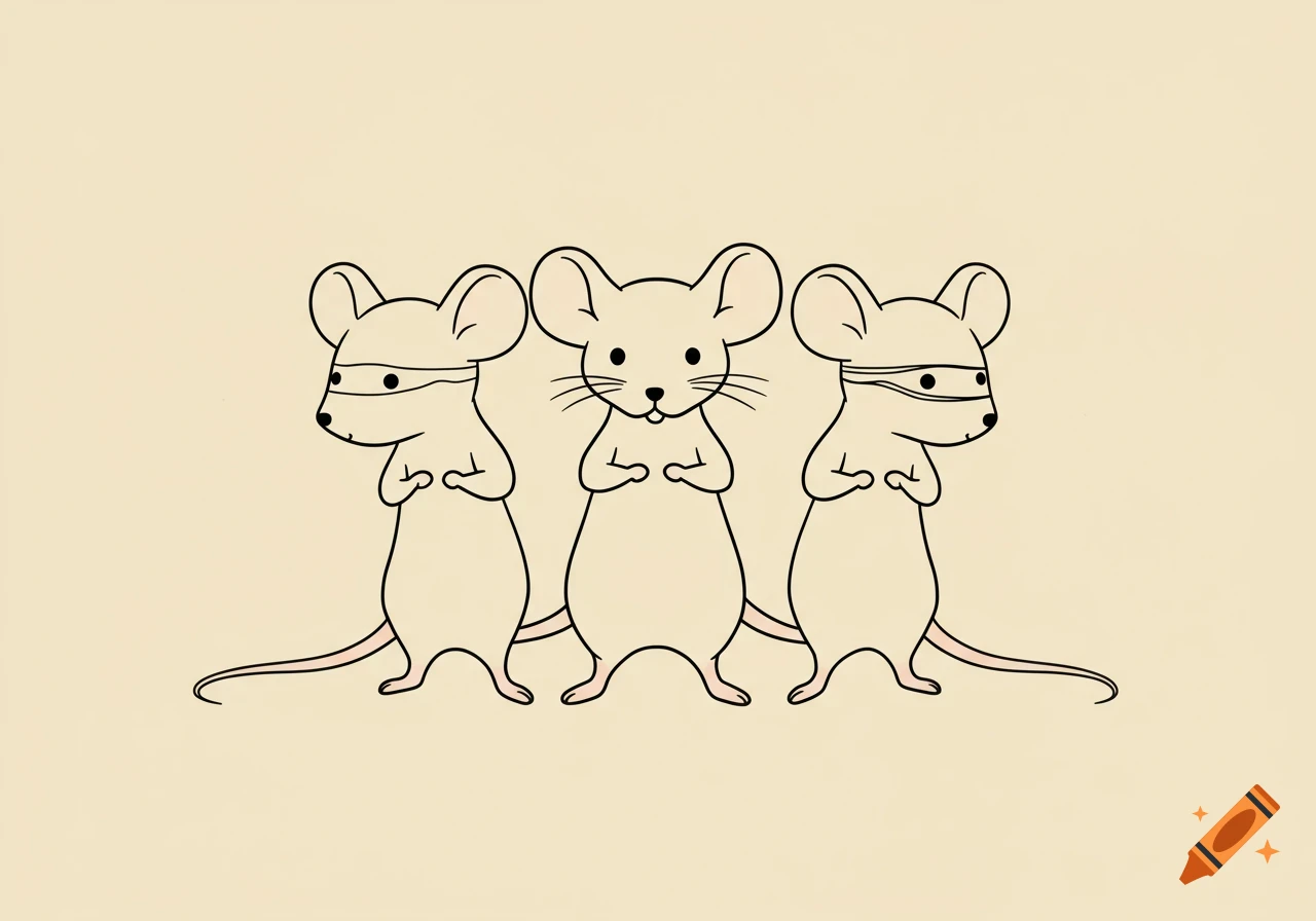 A simple line art drawing of three cartoon mice standing in a row on a light background. The two outer mice wear blindfolds, while the central mouse looks forward.
