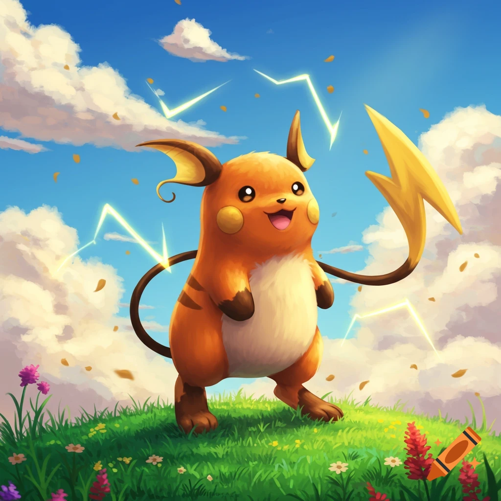 A cheerful Raichu, a yellow and brown Pokémon, stands in a grassy field with flowers under a blue sky with clouds and lightning.