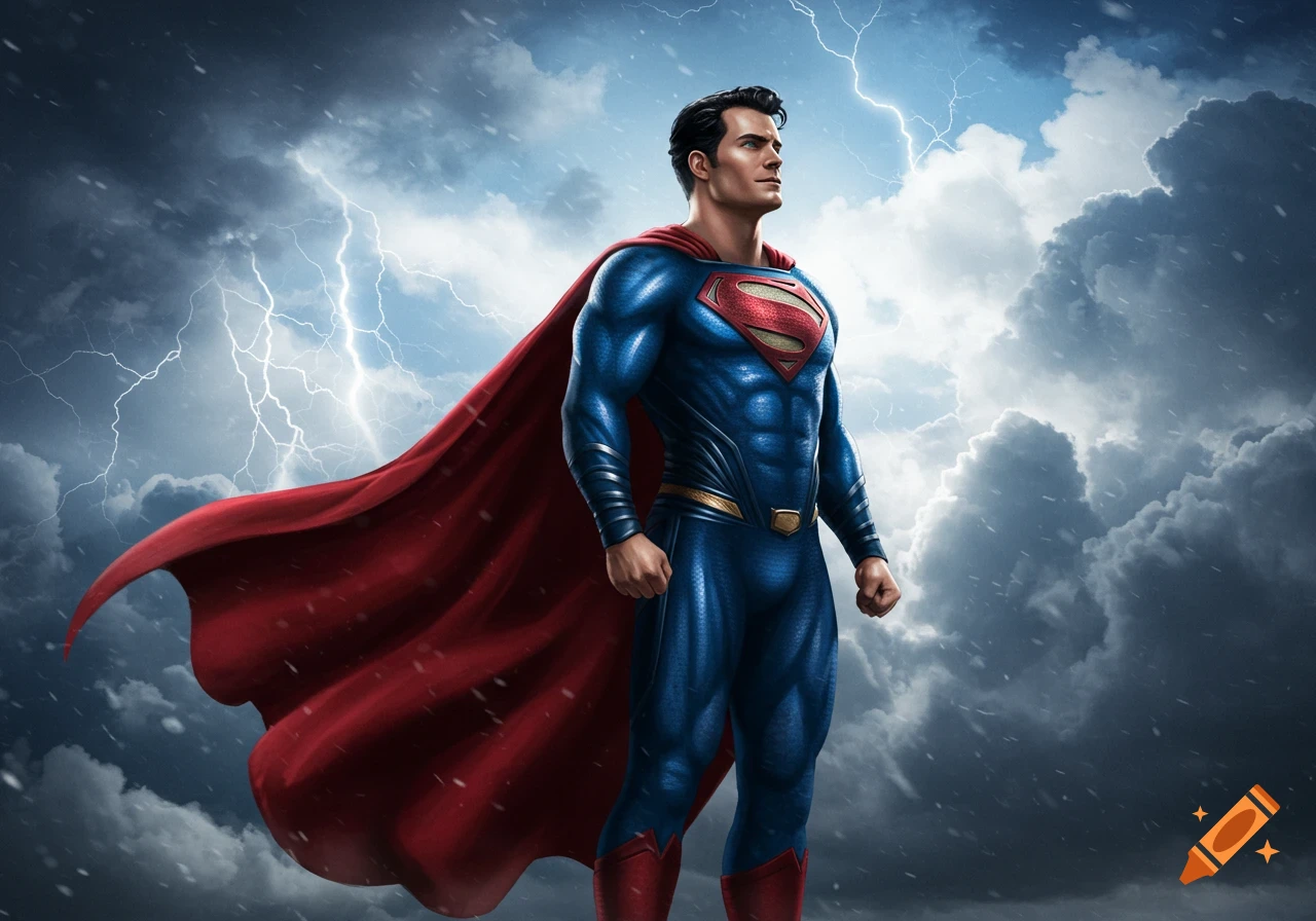 Superman (Henry Cavill) in his blue and red suit with red cape stands heroically against a dramatic, stormy sky with lightning.