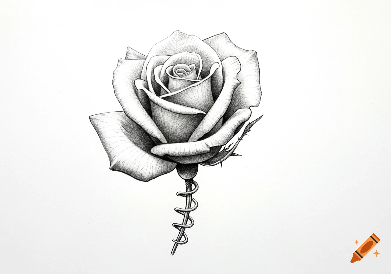 Hand-drawn black and white sketch of a rosebud with a spiraled wire as a stem.