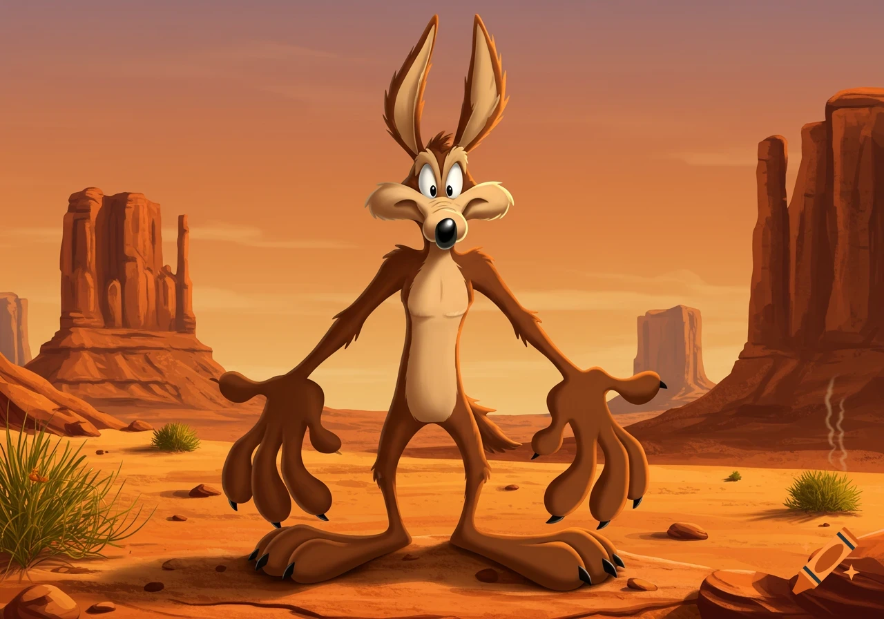 Cartoon Wile E. Coyote standing with outstretched paws in a desert landscape with mesas.