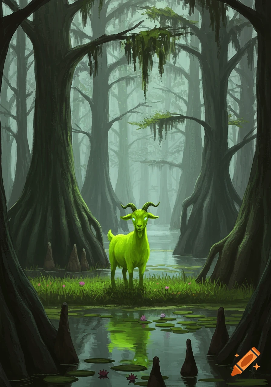 A bright lime green goat stands on grass in a misty swamp with cypress trees and water lilies.