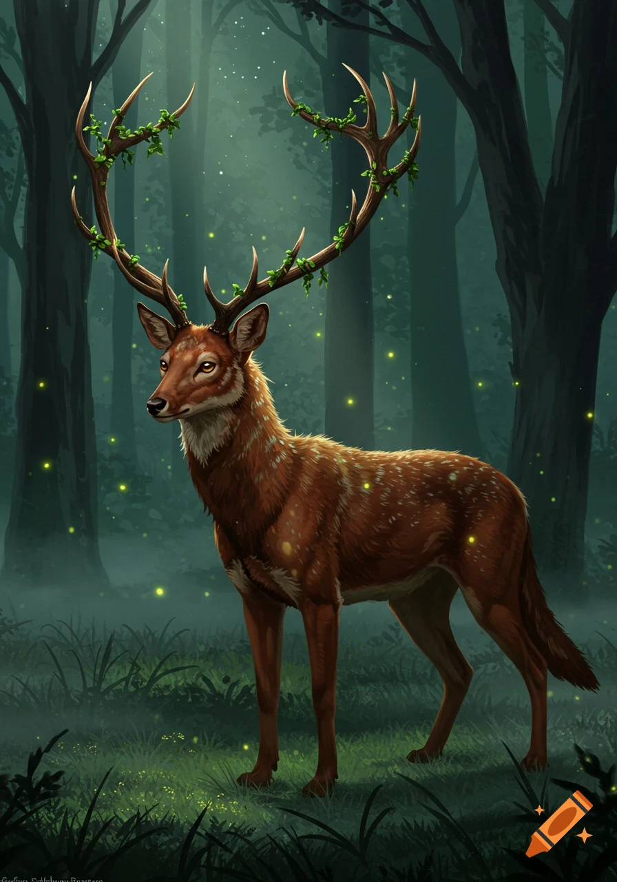 A mystical deer-like creature with large, vine-covered antlers stands in a dark, enchanting forest with glowing fireflies.