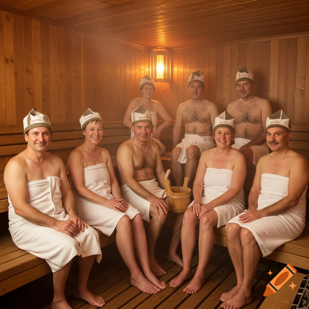 Eight adults in sauna hats and towels sitting in a steamy wooden sauna.