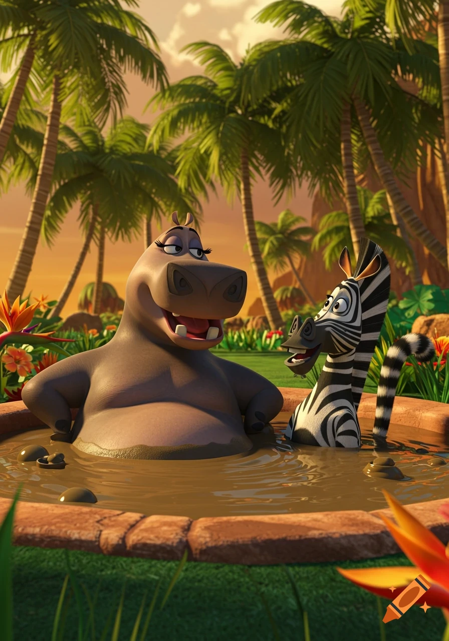 Gloria the hippo and Marty the zebra relaxing in a mud hot tub under palm trees at sunset, in 3D animated style.