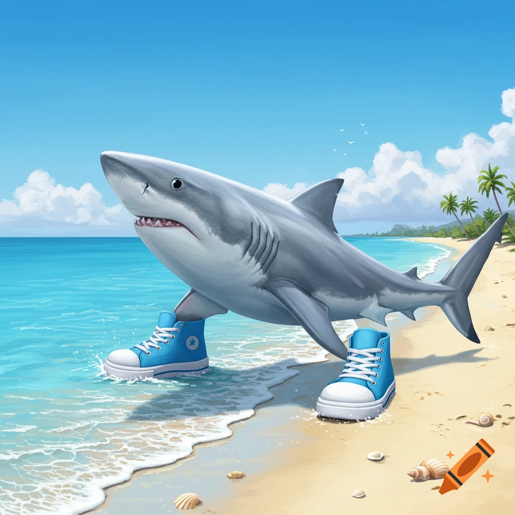 A cartoon shark wearing blue high-top sneakers stands on a sandy beach with ocean waves gently lapping its feet.