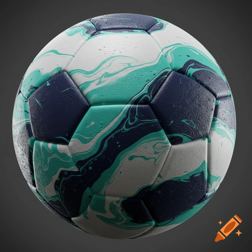 A photorealistic soccer ball with a sponge-painted design in navy, teal, and white against a dark background.