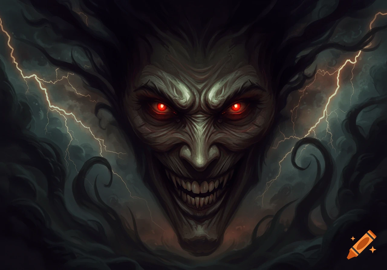 A close-up of a grotesque evil face with glowing red eyes, sharp teeth, and a sinister grin, surrounded by dark tendrils and lightning.