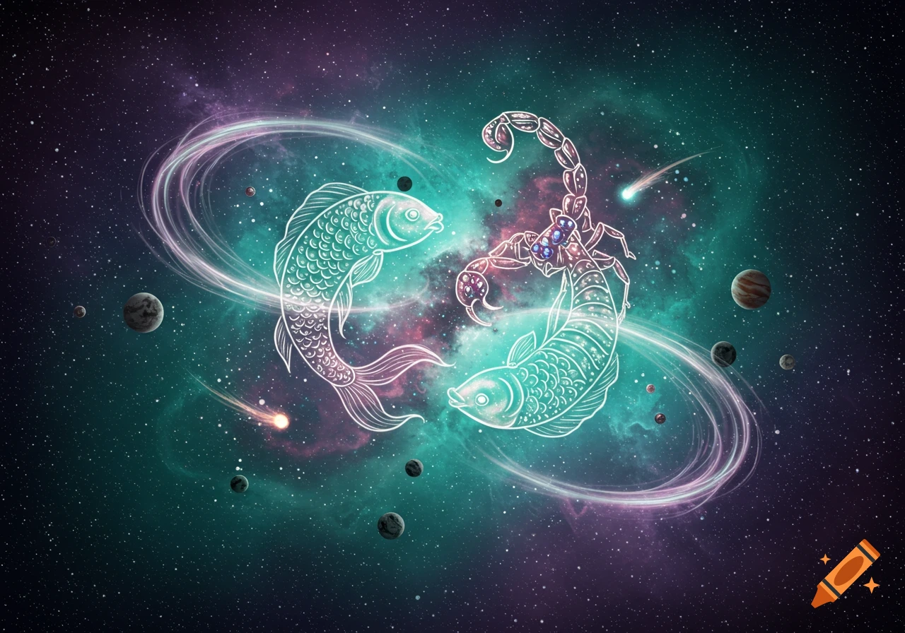 Stylized glowing outlines of a Pisces fish and a Scorpio zodiac sign intertwined in a cosmic nebula with planets and stars.