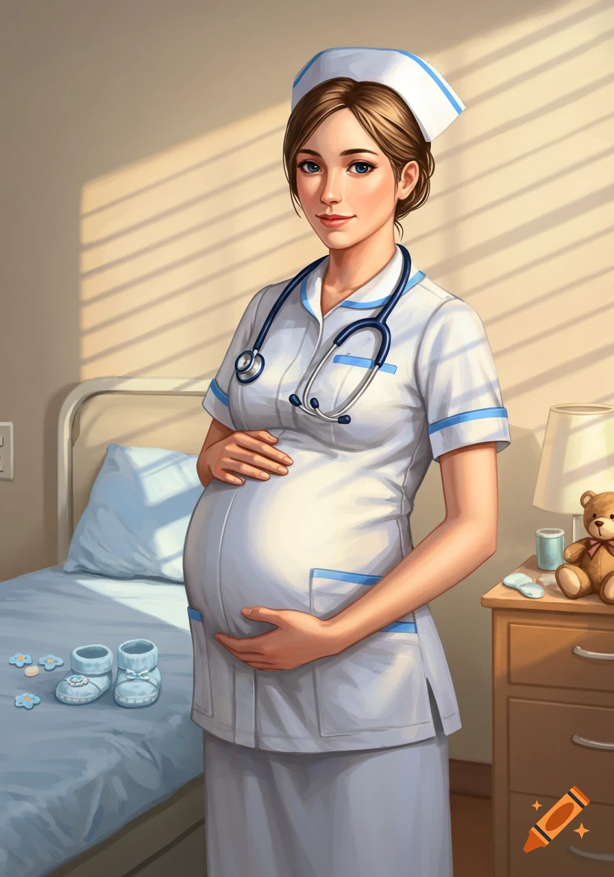 A pregnant nurse in uniform with a stethoscope holds her belly in a hospital room, illustrated in digital art style.