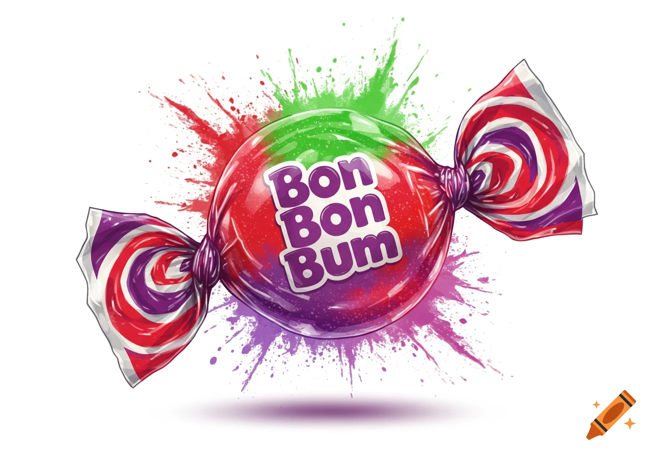 An illustration of a colorful Bon Bon Bum candy with red, green, and purple paint splatters on a white background.