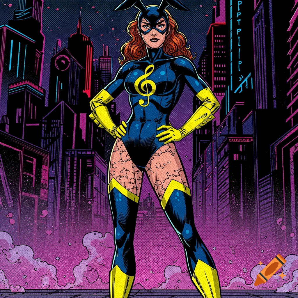 A comic book superheroine in a navy and yellow costume with a treble clef emblem and bunny ears stands confidently in a neon city.
