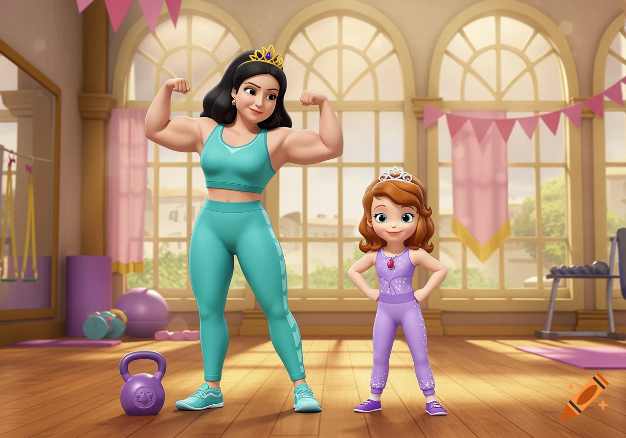 A muscular cartoon princess flexes next to a young princess posing in a gym.
