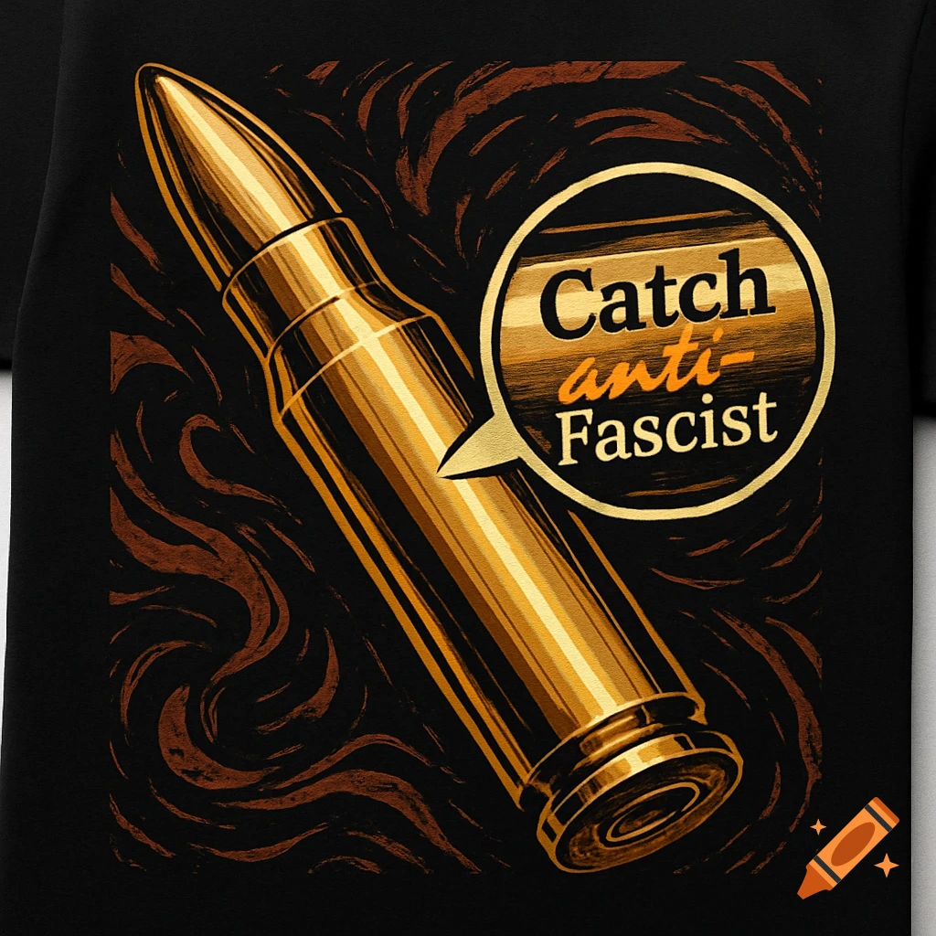 A stylized golden bullet cartridge on a dark background with brown swirls. A magnified speech bubble shows text 'Catch anti- Fascist' on the bullet.