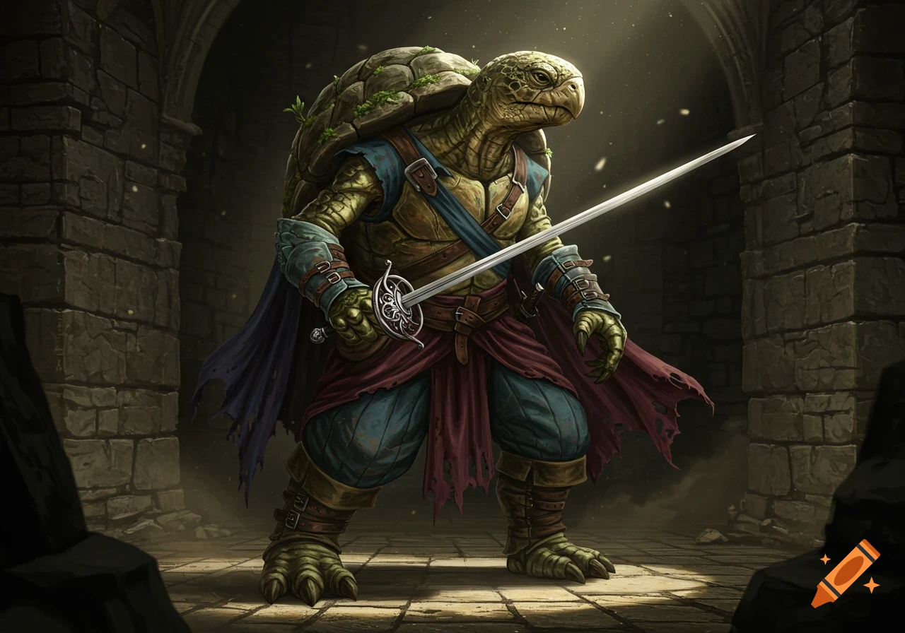 A powerful tortle warrior with a rapier stands in a dimly lit stone dungeon, wearing armor and a tattered cape.