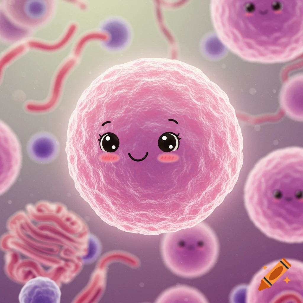 A vibrant pink microscopic cell with a cute face, surrounded by other pink and purple cells and bacteria-like structures.