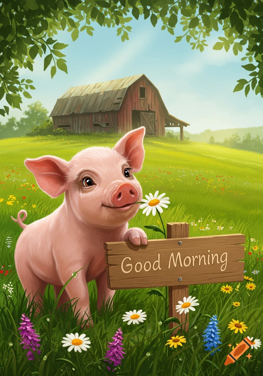 A cute cartoon pig leans on a 'Good Morning' sign in a vibrant meadow with flowers and a barn under a blue sky.