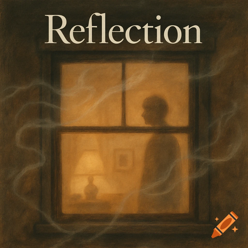 Painterly illustration of a silhouette by a warmly lit window with drifting smoke. Text: Reflection.
