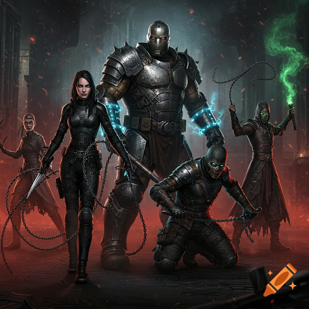 A group of five dark, armored villain characters in a gritty, cinematic comic book style. They wield chains and weapons, one with blue electrical effects, another with green mystical smoke, against a dark, fiery background.