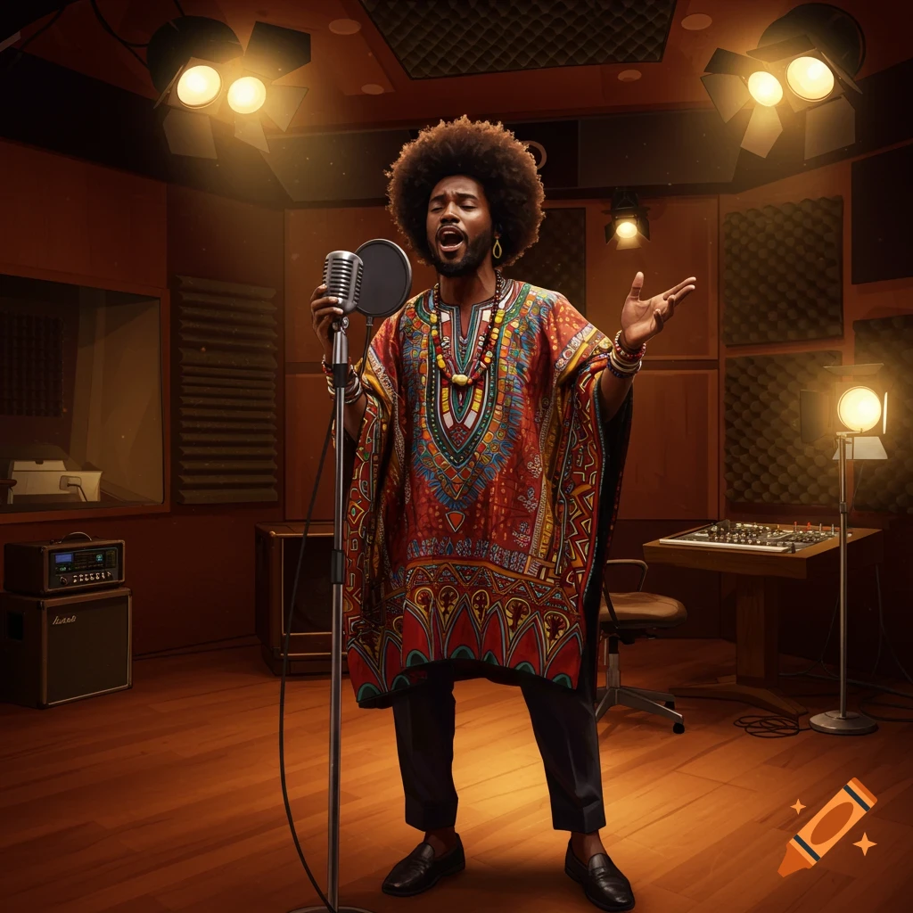 A man with an afro, wearing a colorful dashiki, sings into a vintage microphone in a professional recording studio, lights beaming.
