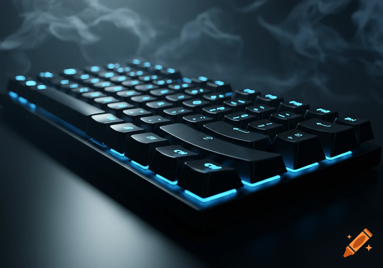 Close-up, low-angle shot of a black mechanical keyboard with bright blue LED backlighting and faint smoke. Photorealistic style.