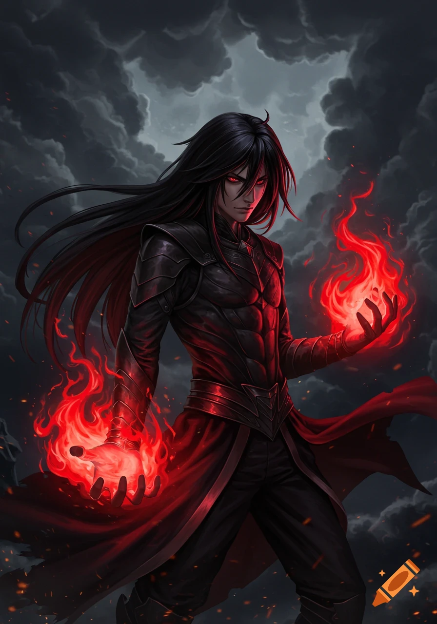 Anime character with long black hair, red eyes, and black armor, summoning red fire against a dark, cloudy sky.