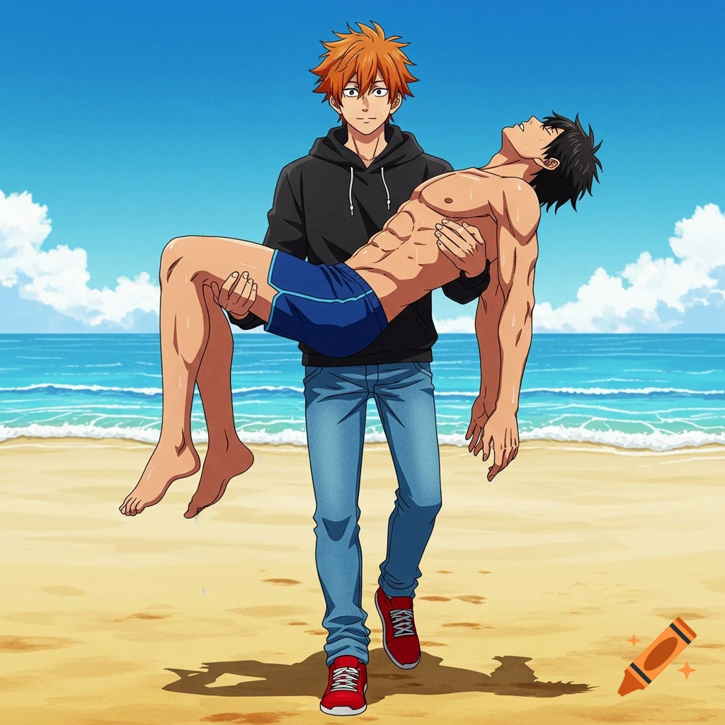 An anime man in a black hoodie carrying another muscular anime man in blue swim trunks on a sunny beach.