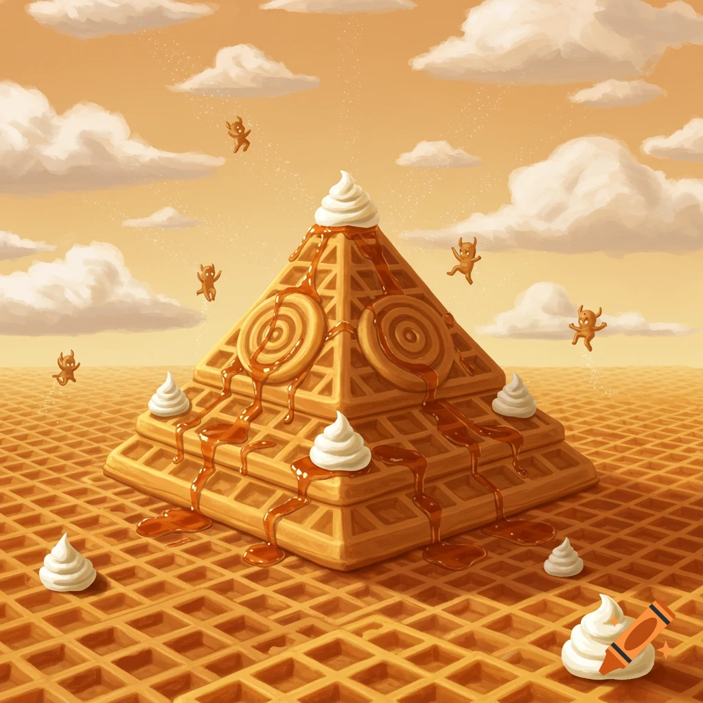 A surreal landscape features a large waffle pyramid topped with whipped cream and syrup, surrounded by small, flying imp-like creatures in an orange, cloudy sky.