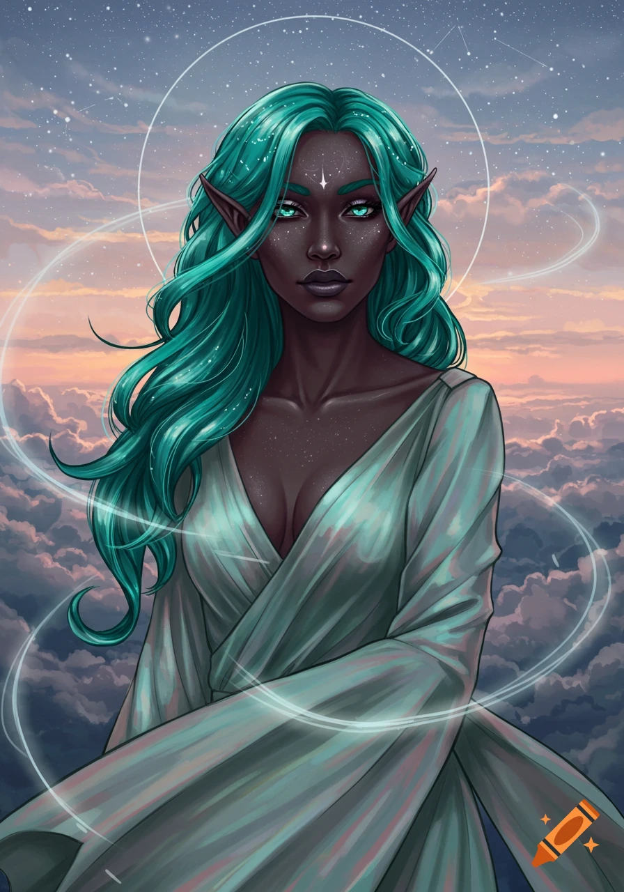 Fantasy portrait of a dark-skinned elf woman with teal hair, glowing green eyes, and a starry halo, set against a cloud and star-filled sky.