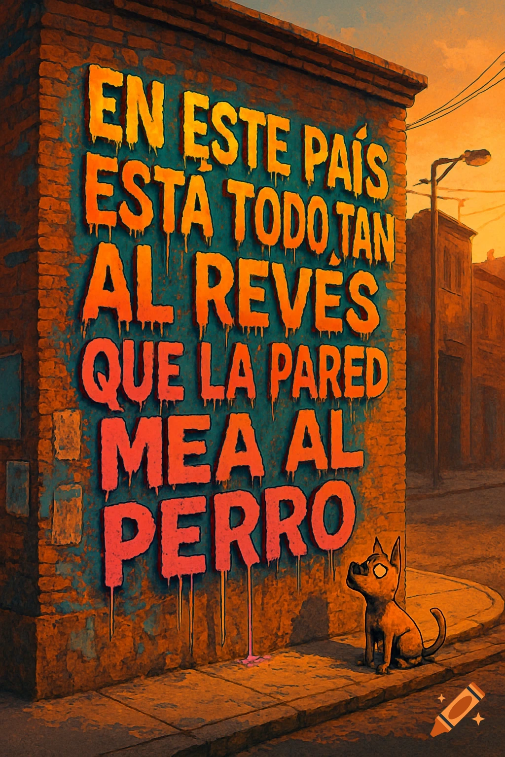A cartoon dog watches graffiti on a brick wall reading 'EN ESTE PAIS ESTA TODO TAN AL REVES QUE LA PARED MEA AL PERRO' in an urban setting.